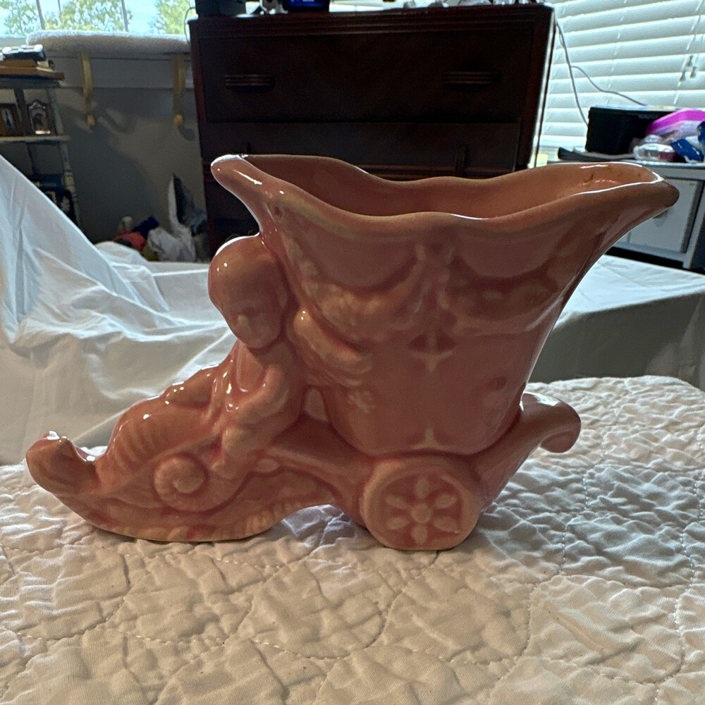 Vintage 1950s Pink Glossy Ceramic Baby Carriage Planter Art Pottery